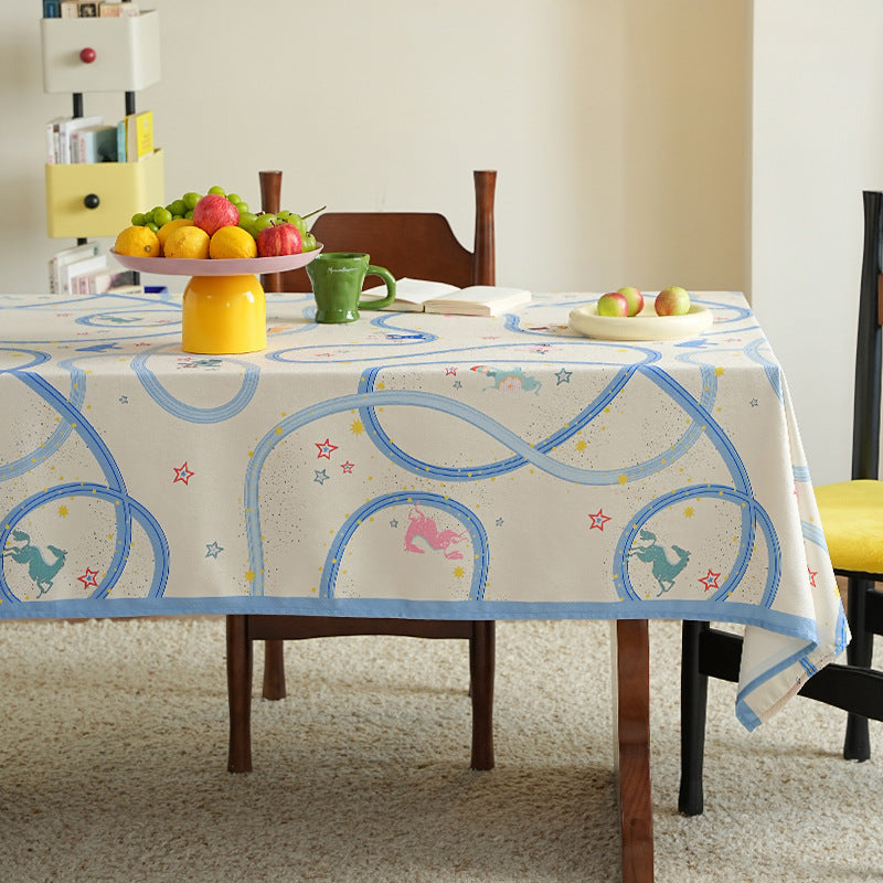 Rectangular cotton blend tablecloth with playful stripe and animal print