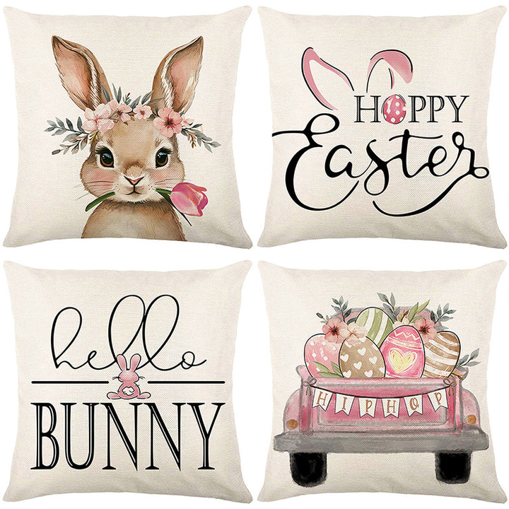 Decorative Linen Throw Pillow Cover with Hello Bunny Printed Design
