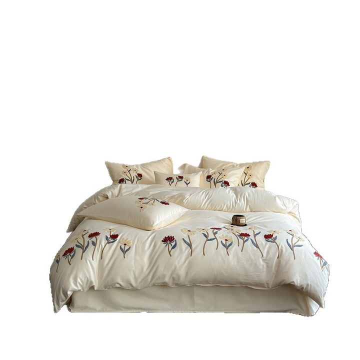 Embroidered Botanical Cotton Percale Duvet Cover Set with Appliqué Flowers and Envelope Shams