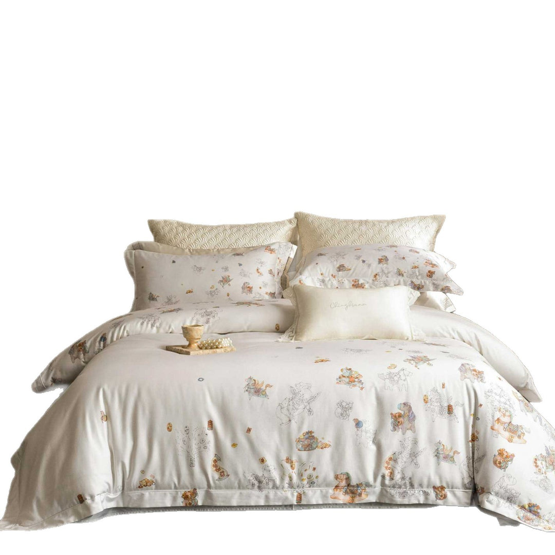 Whimsical Illustrated Cotton Sateen Duvet Cover & Pillowcase Set