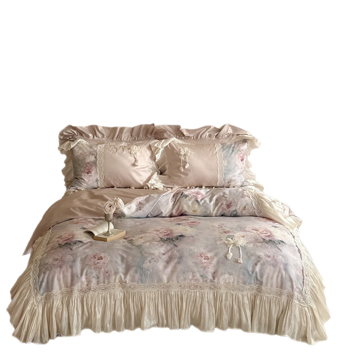 Floral Watercolor Sateen Ruffled Duvet Cover Set with Lace Trim and Pleated Bed Skirt