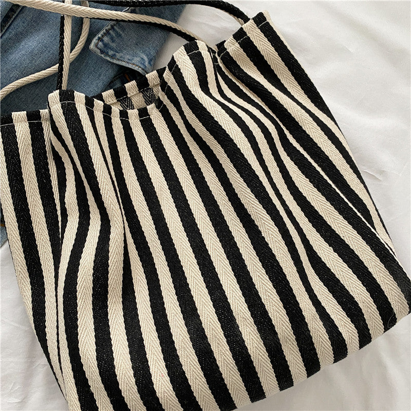 Striped Canvas Shoulder Tote Bag