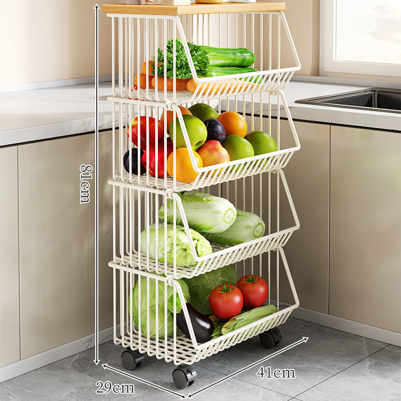 Countertop Wooden-Top Metal Wire Produce Storage Basket with Front-Tilt Access