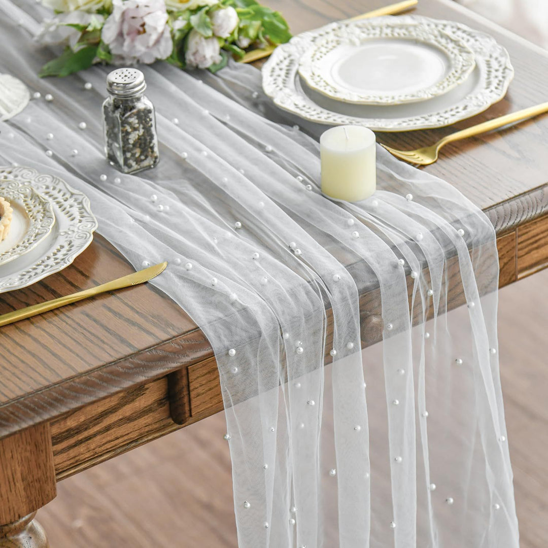 Elegant Table Runner with Pearl Detailing Stornfield