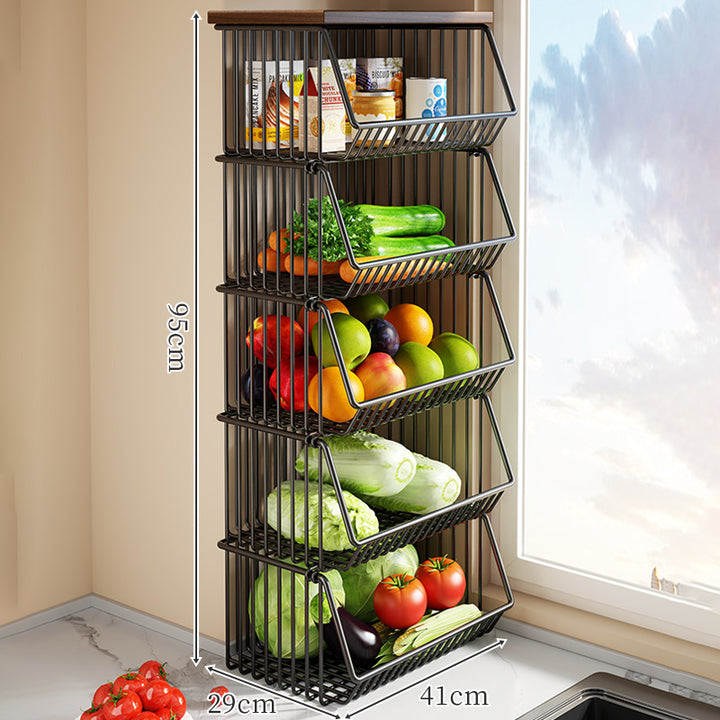 Countertop Wooden-Top Metal Wire Produce Storage Basket with Front-Tilt Access