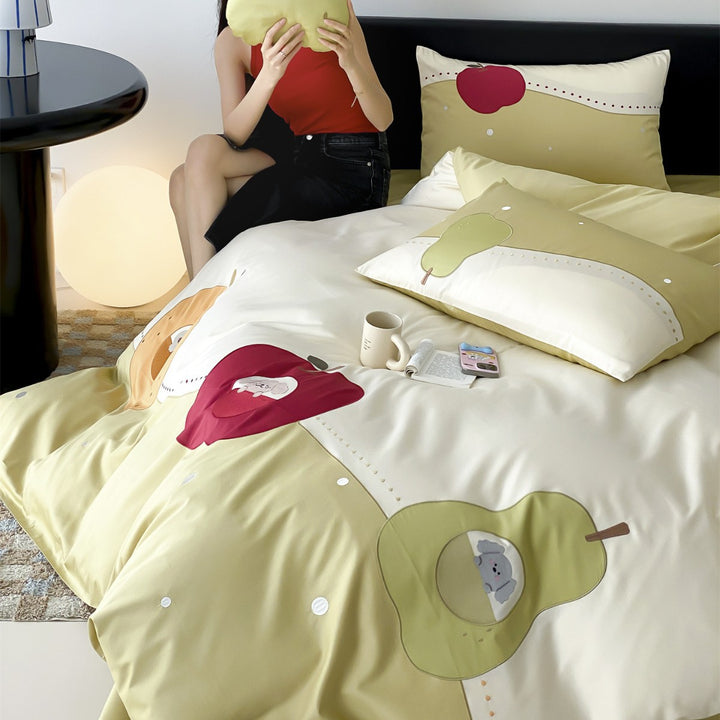Playful Fruit Appliqué Cotton Duvet Cover Set with Hidden Closure & Oxford Shams