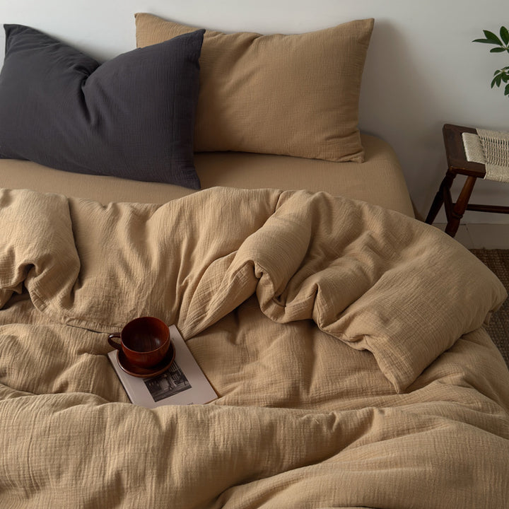 Washed Cotton Gauze Textured Duvet Cover Set with Deep-Pocket Fitted Sheet