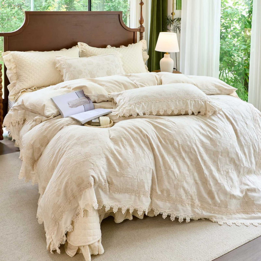 Cottage-Style Embroidered Cotton Duvet Cover Set with Crochet Lace Trim & Ruffle Bedskirt