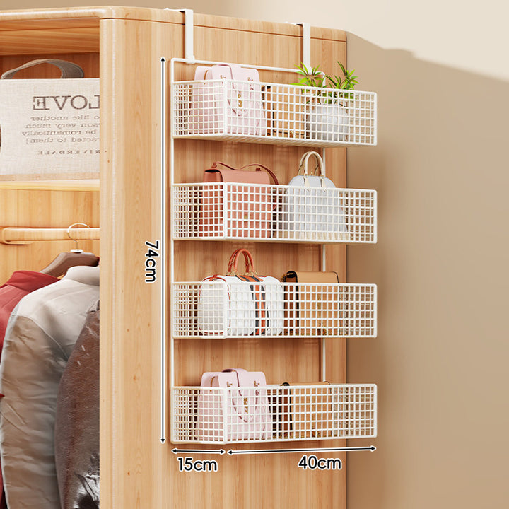 Over-Door Four-Tier Metal Mesh Hanging Storage Organizer with Integrated Hooks
