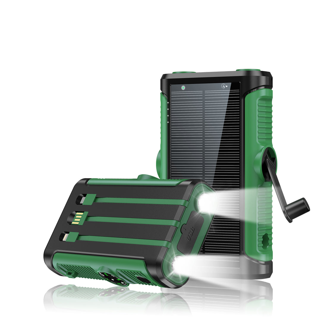 Portable solar battery with integrated hand crank charger Stornfield