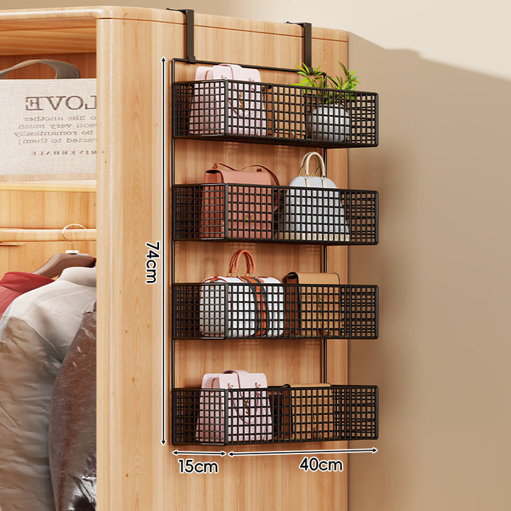 Over-Door Four-Tier Metal Mesh Hanging Storage Organizer with Integrated Hooks
