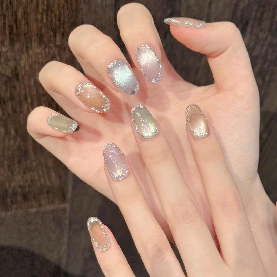 Decorative Press-On Nail Art Set with Ombre Glitter Accents