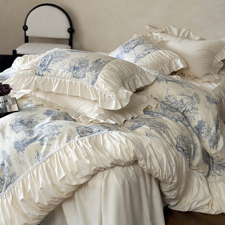 Luxurious bedding set made of cotton blend with toile landscape print, frill, and ruffles