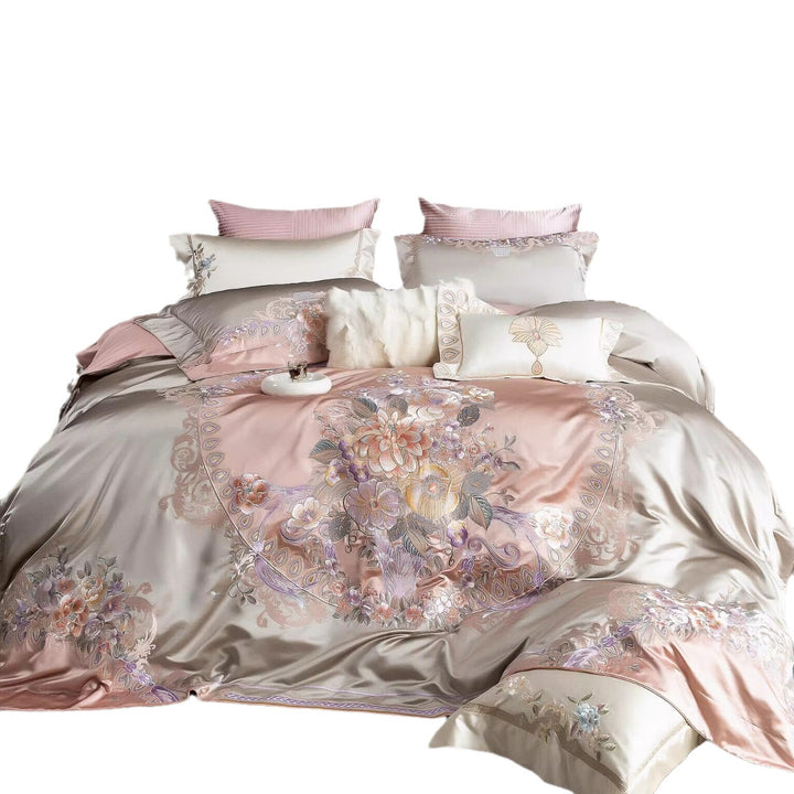 Embroidered Satin Silk Floral Duvet Cover Bedding Set with Decorative Pillow Shams