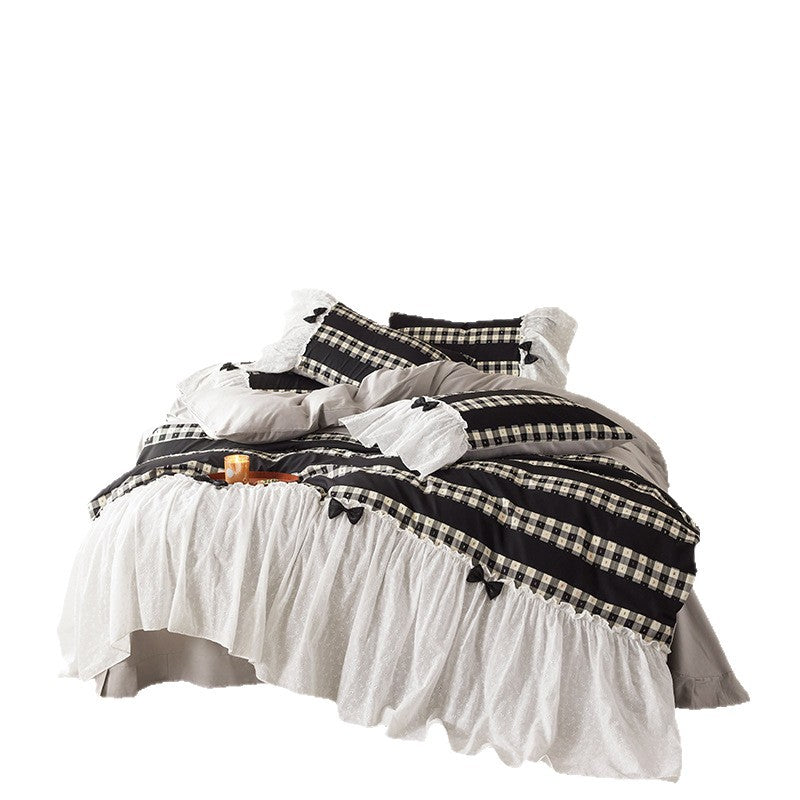 Ruffled Gingham Stripe Duvet Cover Set with Decorative Bows & Ruffled Skirt