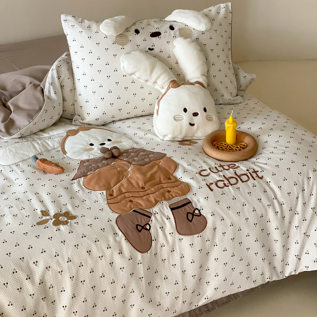 Children's Cotton Duvet Cover Set with 3D Rabbit Appliqué and Ear Pillow Shams