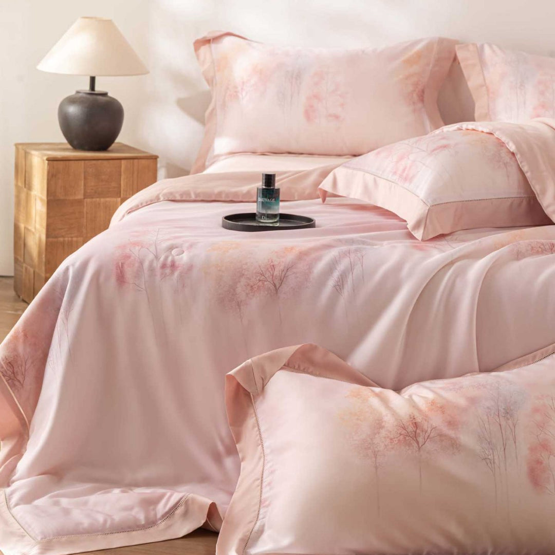 Luxurious cotton satin bedding set with delicate leaf design and hem detail