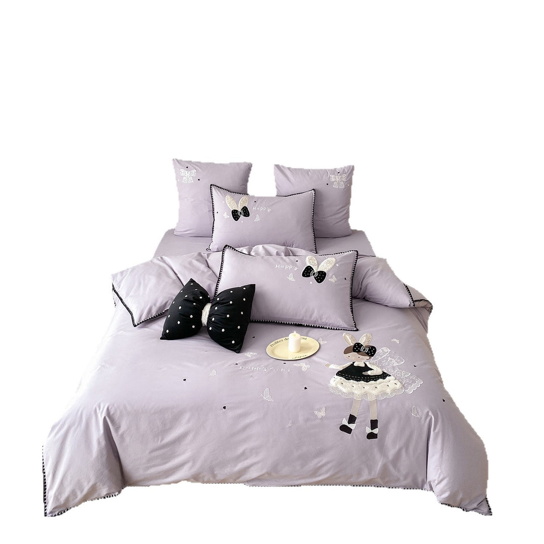 Embroidered Cotton Duvet Cover Set with Appliqué Ballet Doll & Decorative Bow Pillows