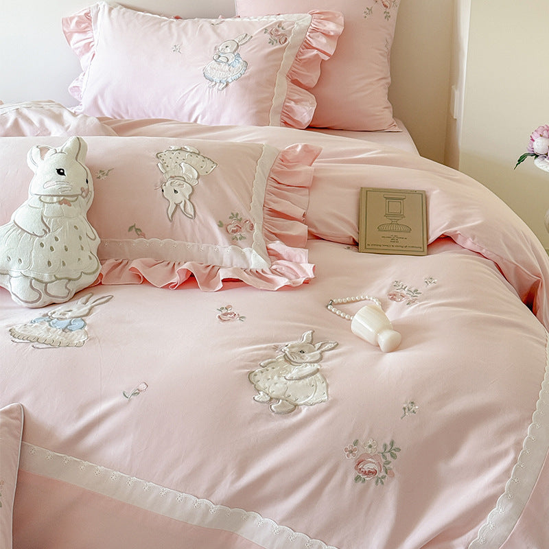 Ruffled Appliqué Embroidered Bunny Duvet Cover and Sham Set
