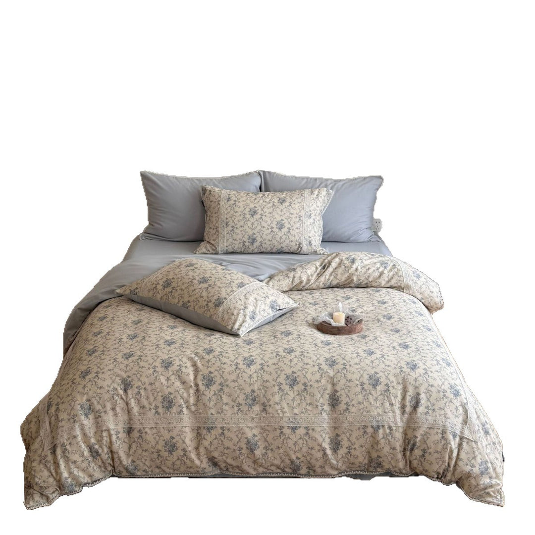 Vintage Floral Cotton Duvet Cover Set with Delicate Lace Trim