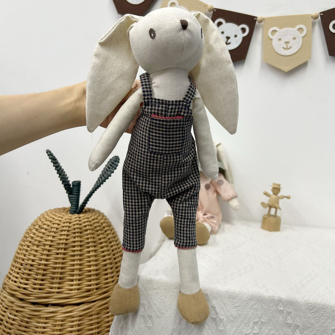 Handmade Linen Bunny Doll with Long Ears and Gingham Overalls