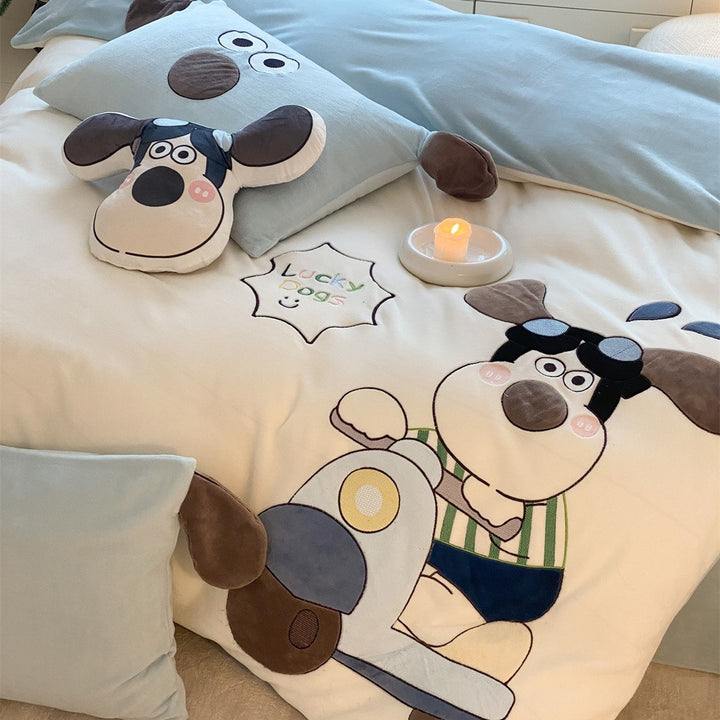 Cozy microfiber velvet bedding with three-dimensional plush dog applique and ear pillow