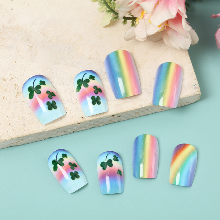 Artificial nails with colorful rainbow and clover leaf designs Stornfield