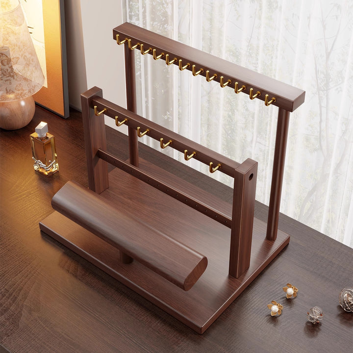 Wooden Dual-Tier Jewelry Organizer Stand with Necklace Hooks and Bracelet Display Bar