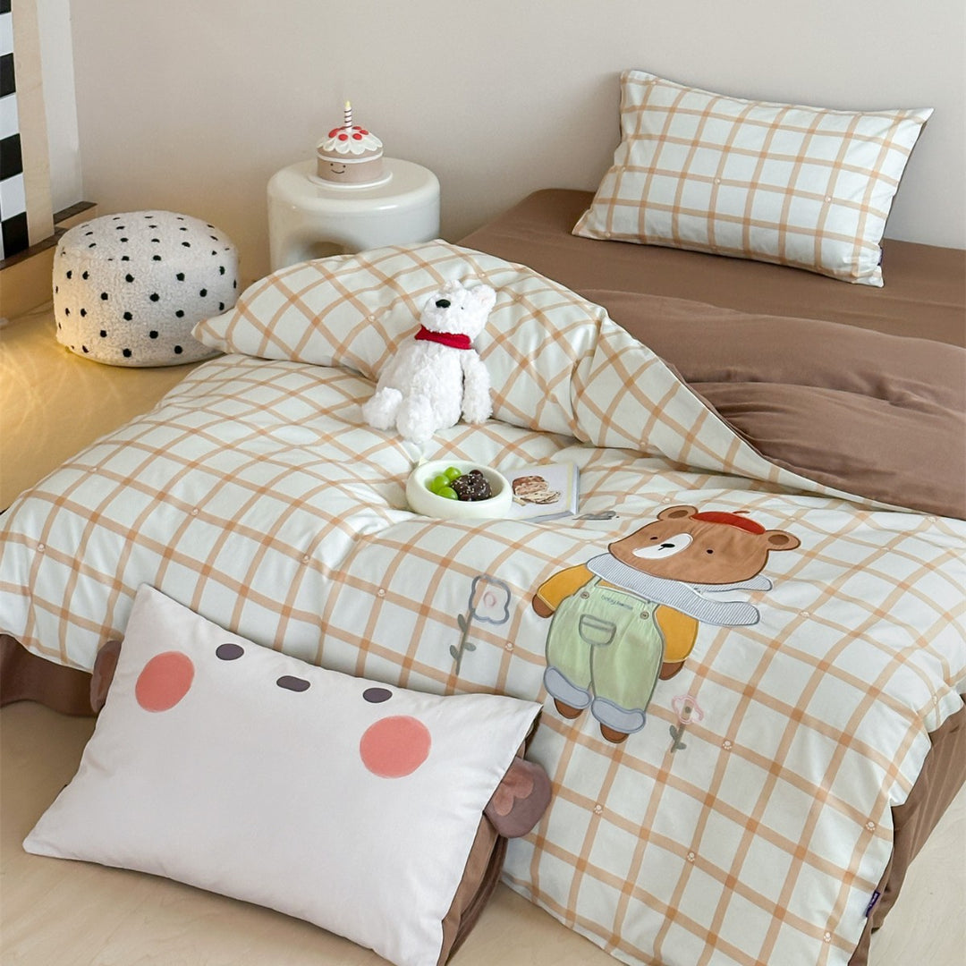 Children's Panda Appliqué Cotton Sateen Duvet Cover Set with Grid Print and Reversible Pillowcase