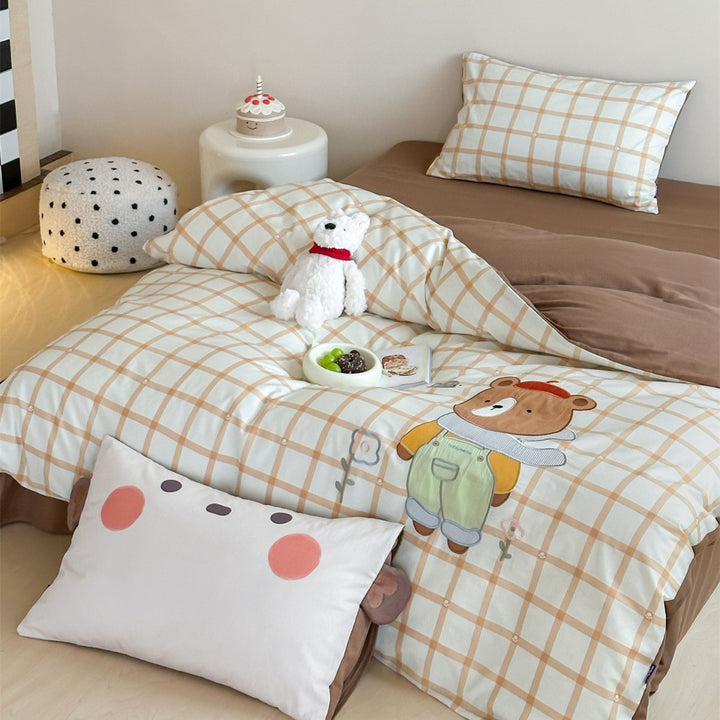 Children's Panda Appliqué Cotton Sateen Duvet Cover Set with Grid Print and Reversible Pillowcase