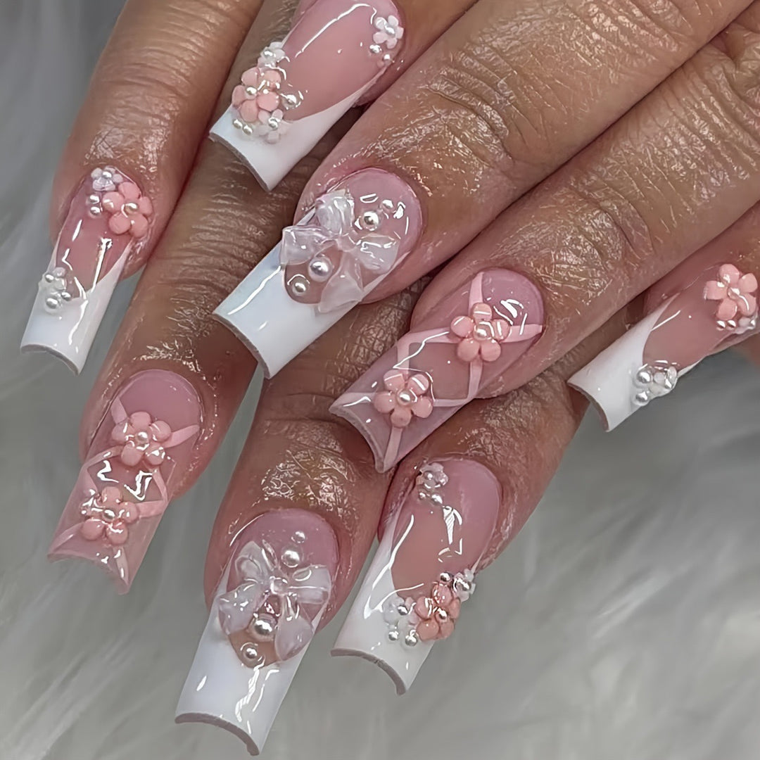 Acrylic nail set with elegant 3D flowers and ribbon decorations Stornfield