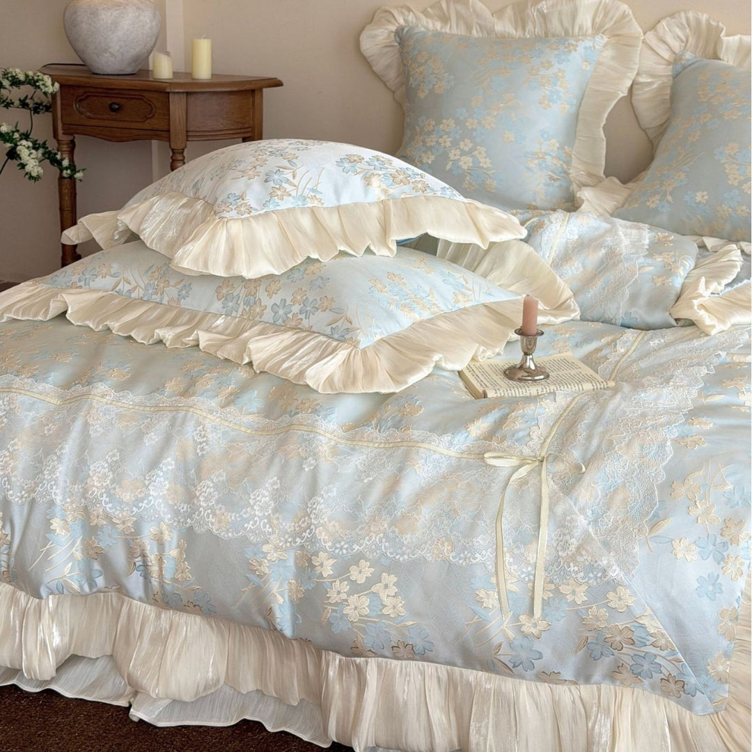 Luxurious Floral Ruffled Lace Comforter Set with Satin Trim