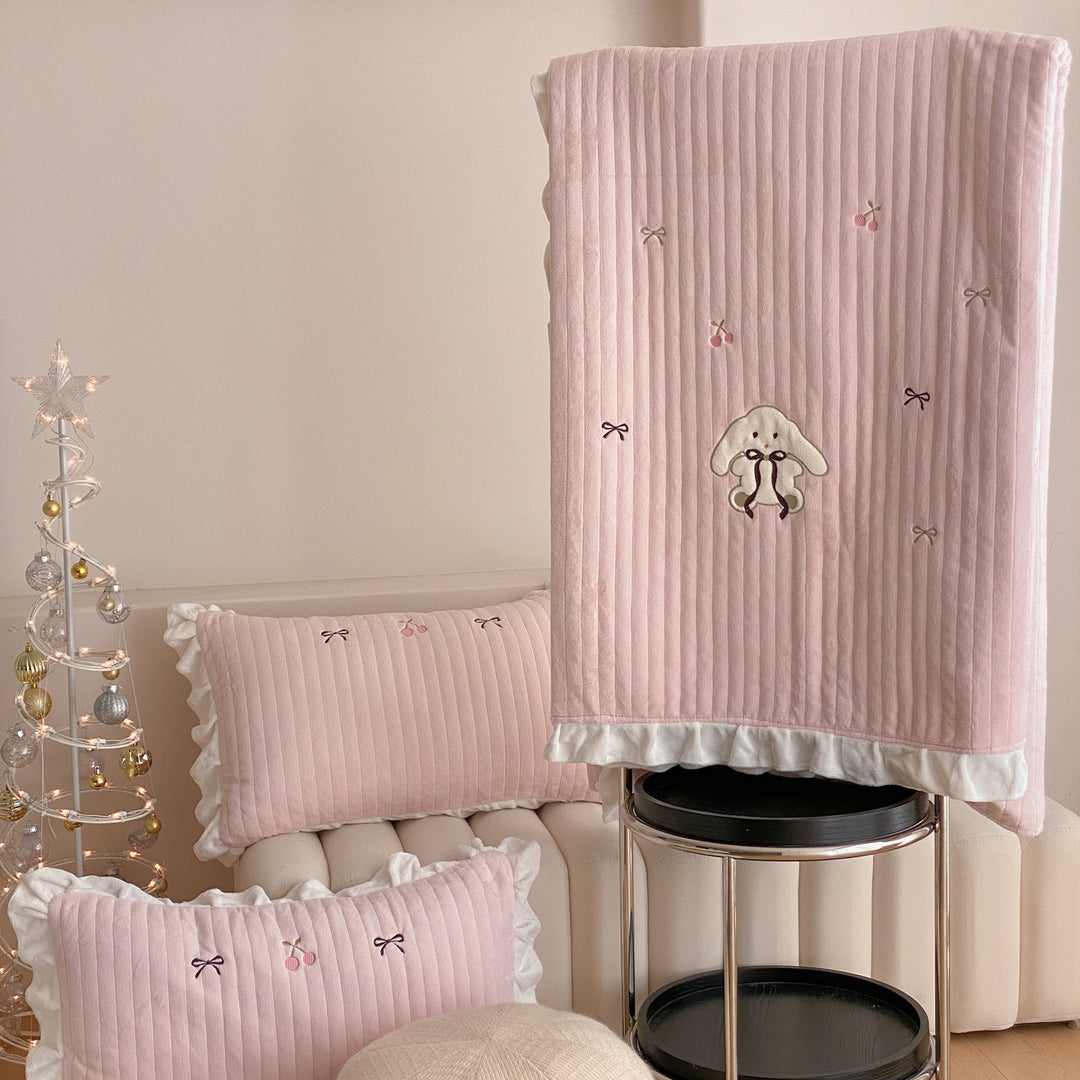 Quilted Ruffled Bedspread Set with Embroidered Bow Motifs and Ruffled Pillow Shams