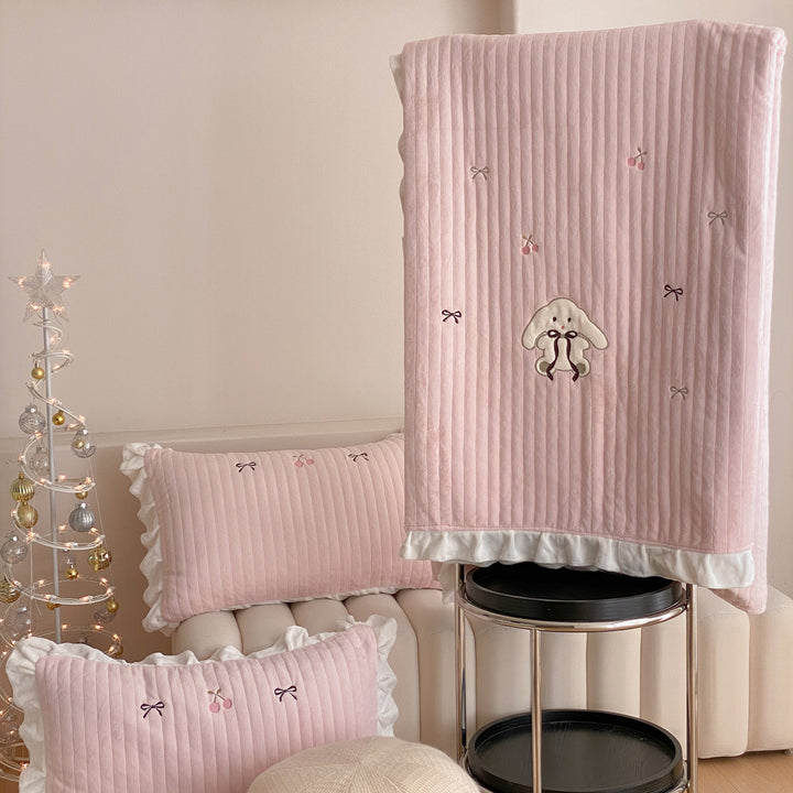 Quilted Ruffled Bedspread Set with Embroidered Bow Motifs and Ruffled Pillow Shams