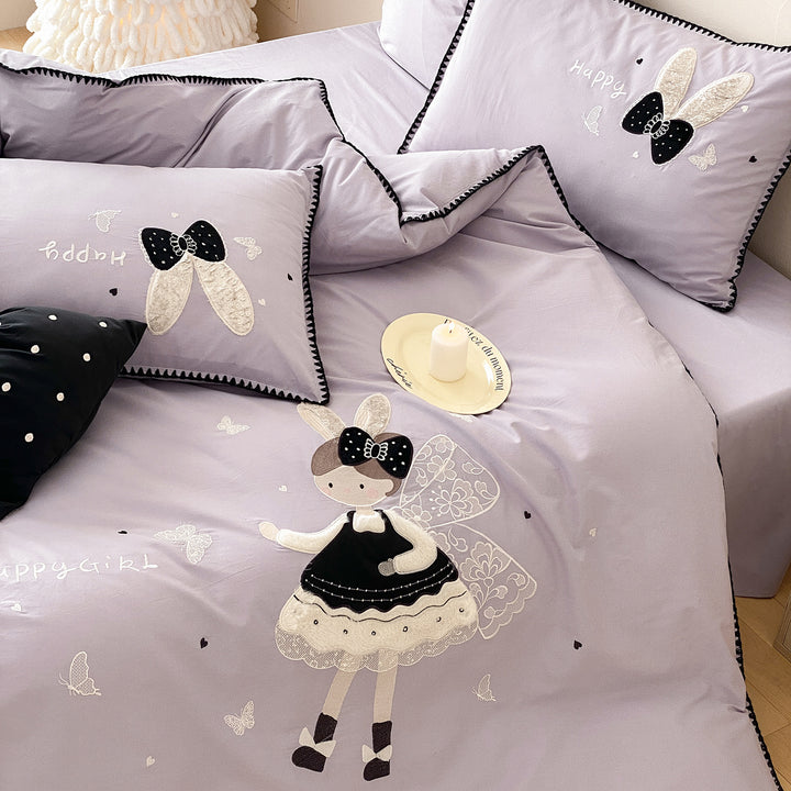 Embroidered Cotton Duvet Cover Set with Appliqué Ballet Doll & Decorative Bow Pillows