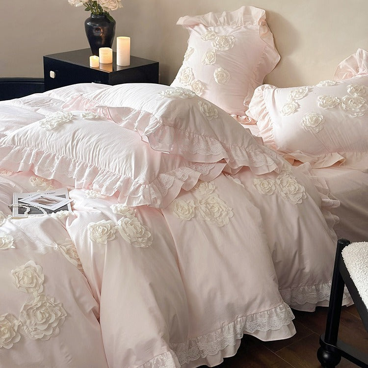 Romantic Ruffled Rose-Applique Cotton Sateen Duvet Cover Set with Lace-Trim Pillow Shams