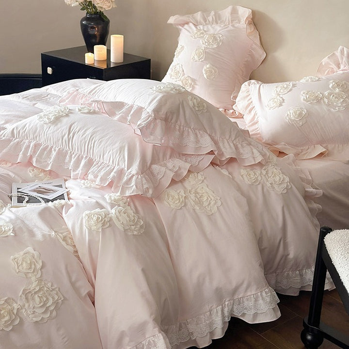 Romantic Ruffled Rose-Applique Cotton Sateen Duvet Cover Set with Lace-Trim Pillow Shams