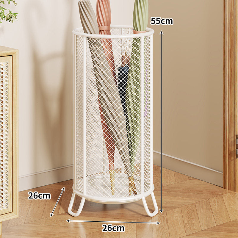 Cylindrical Perforated Metal Umbrella Stand with Raised Legs and Ventilated Mesh Body