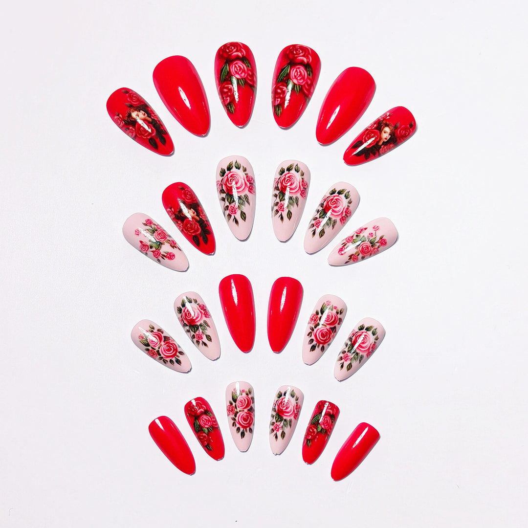 Creative Artificial Nails with Romantic Rose Design Stornfield