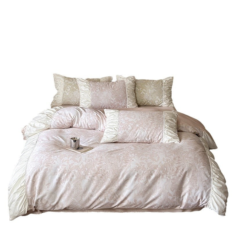 Luxury bedding set made of cotton satin with floral jacquard relief and pleated border