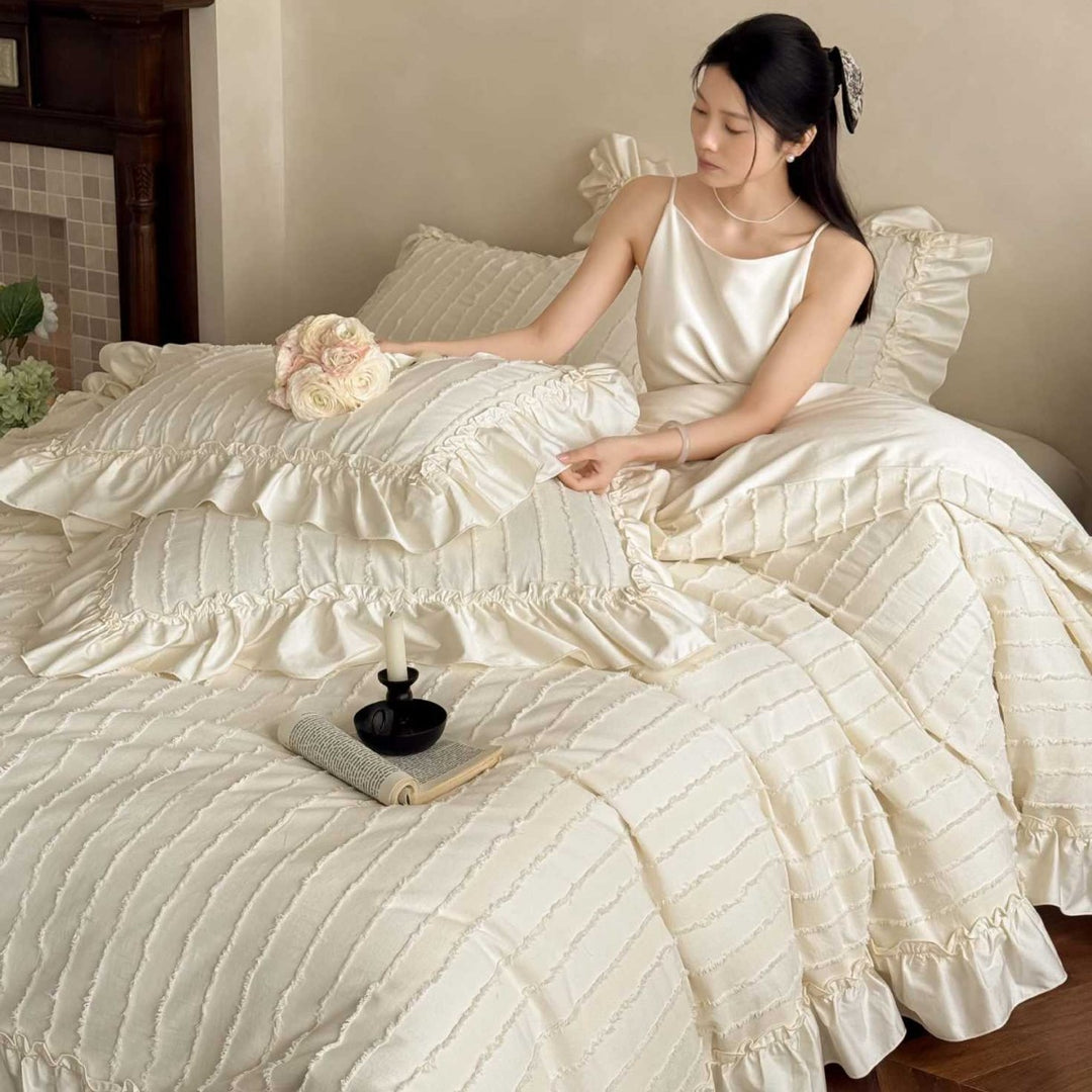 Ruffled Textured Cotton Sateen Duvet Cover Set