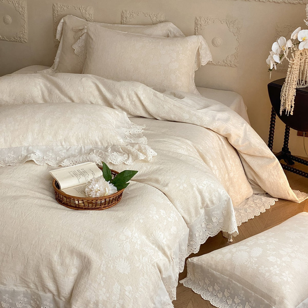 Lace-Trim Floral Jacquard Duvet Cover Set