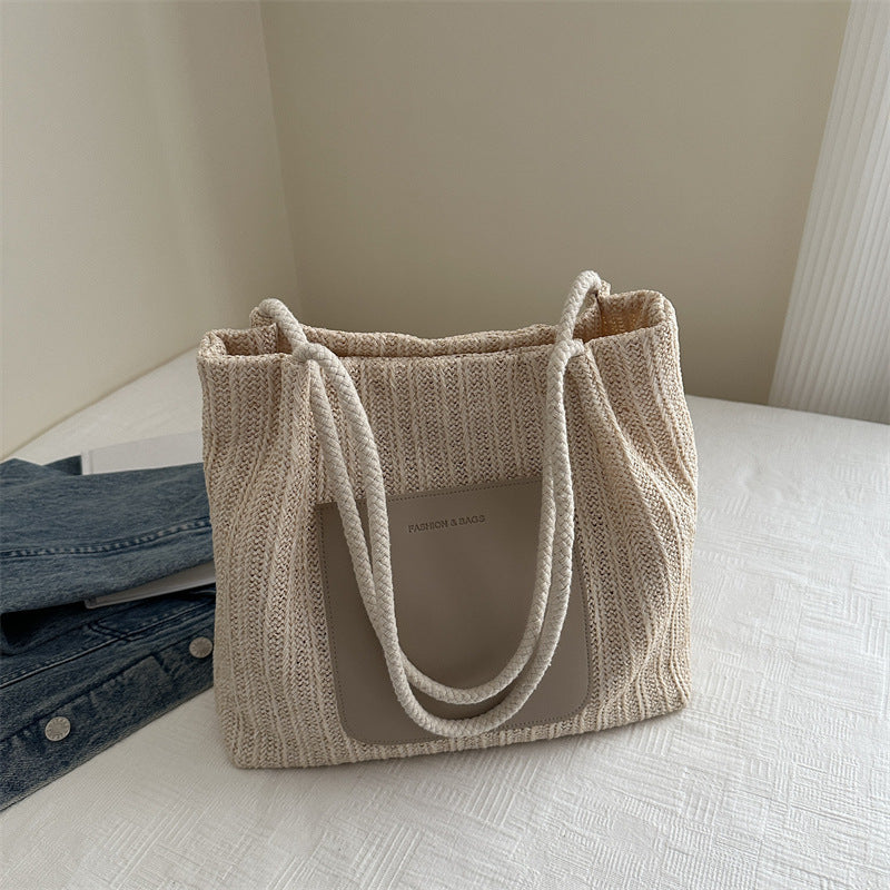 Textured Knit Tote Bag with Leather Accent
