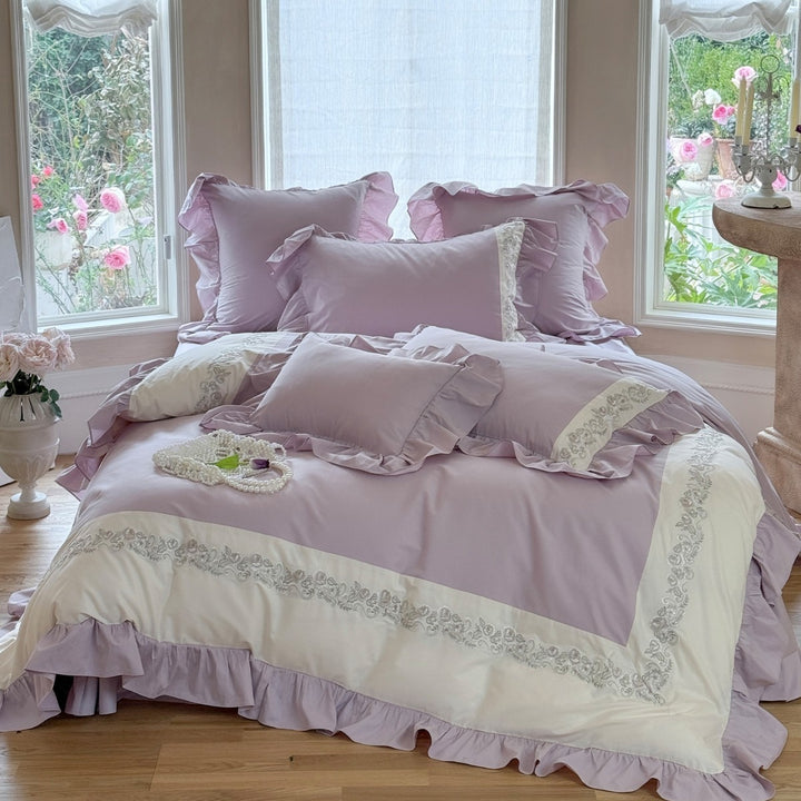Romantic Ruffle-Trim Cotton Duvet Cover Ensemble with Embroidered Border & Pillow Shams