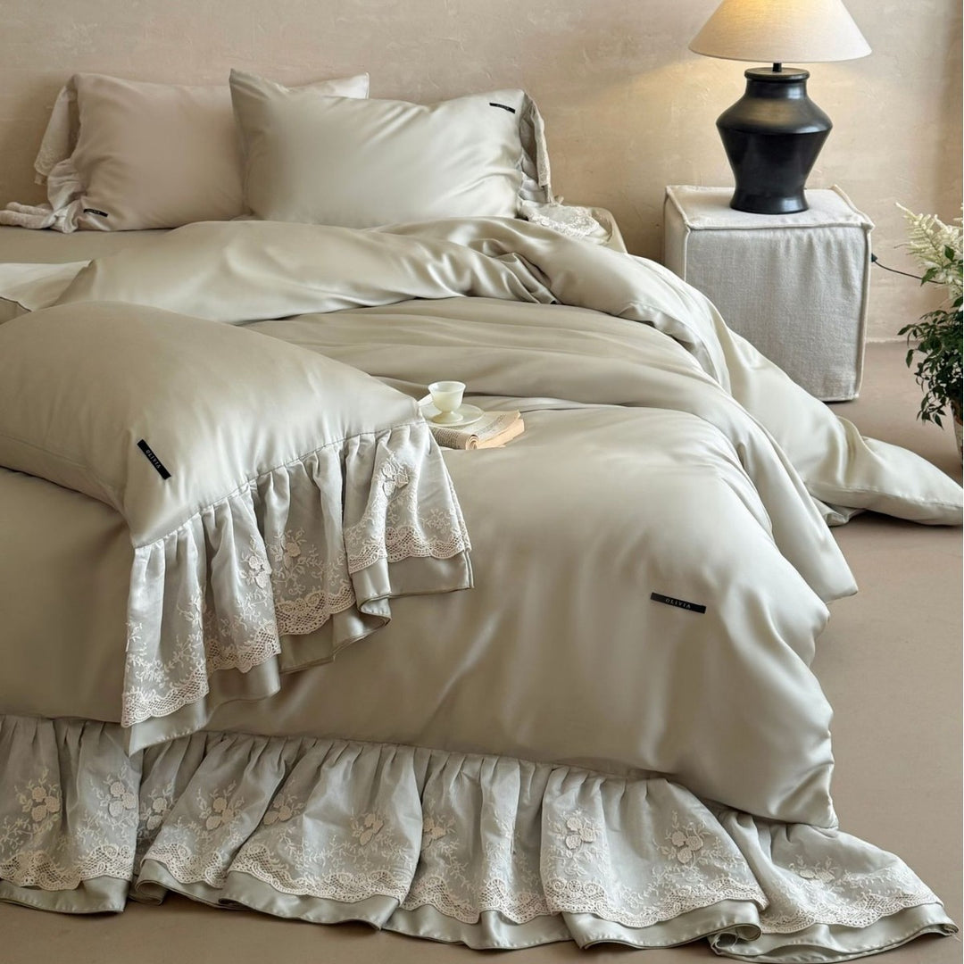 Extravagant satin duvet cover set with ruffled lace trim and silky smooth texture