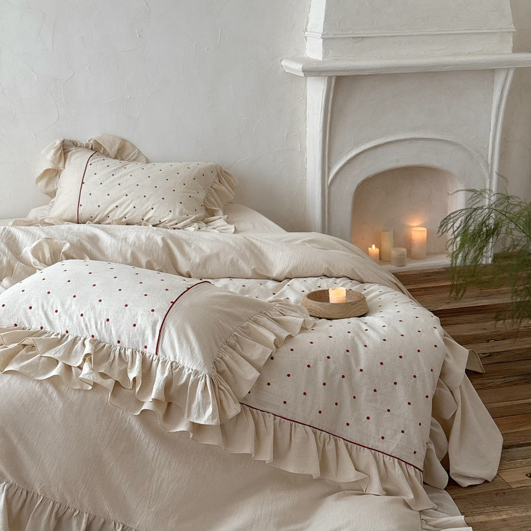 Frilled Organic-Linen Blend Duvet Cover & Sham Set with Hand-Embroidered Red Dot Motif