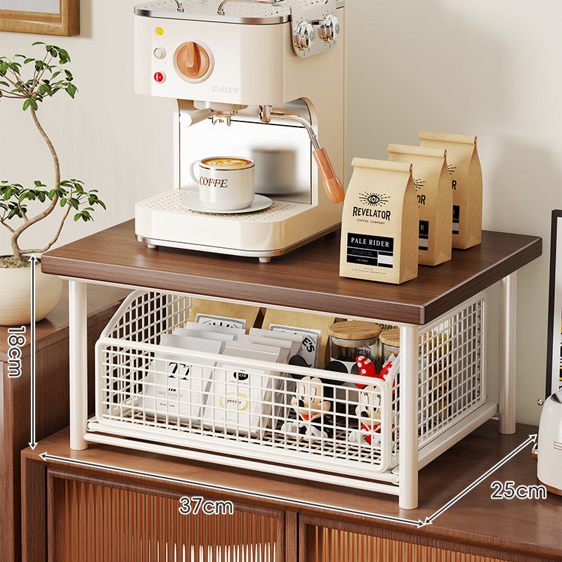 Countertop Coffee Station Organizer with Sliding Metal Wire Basket and Wooden Shelf