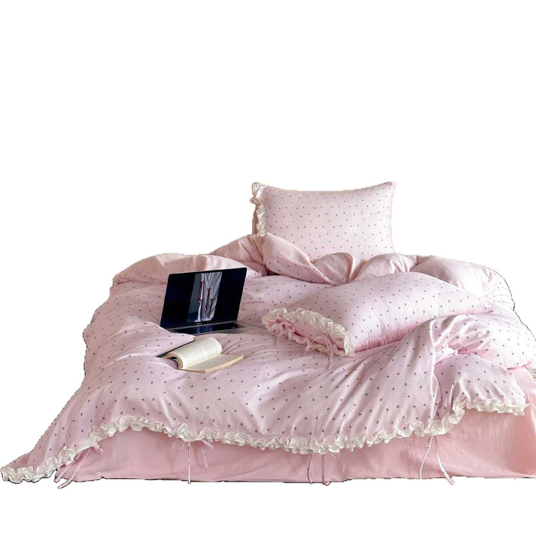 Romantic bedding set with frill, fine cherry pattern, and soft woven cotton