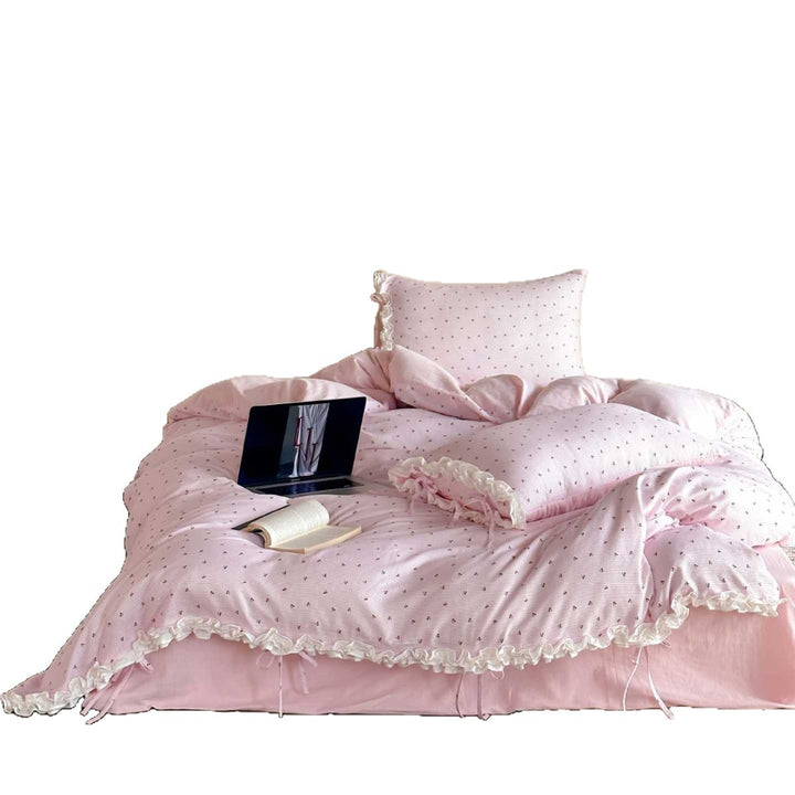 Romantic bedding set with frill, fine cherry pattern, and soft woven cotton