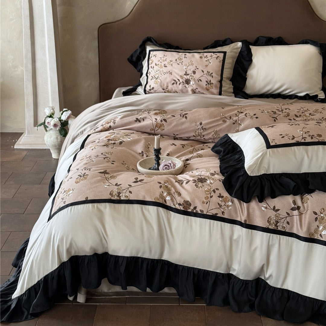 Victorian-Style Ruffled Floral Duvet Cover Set with Pleated Satin Border and Decorative Shams